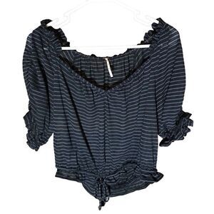 Free People black gray crop top gathered semi sheer short sleeve blouse Size Med